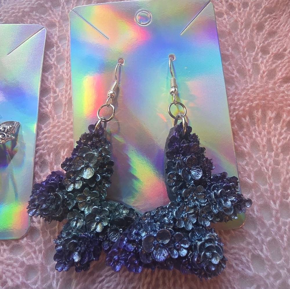 Purple & Blue Carved Butterfly Resin Earrings 1.5 Inch Length